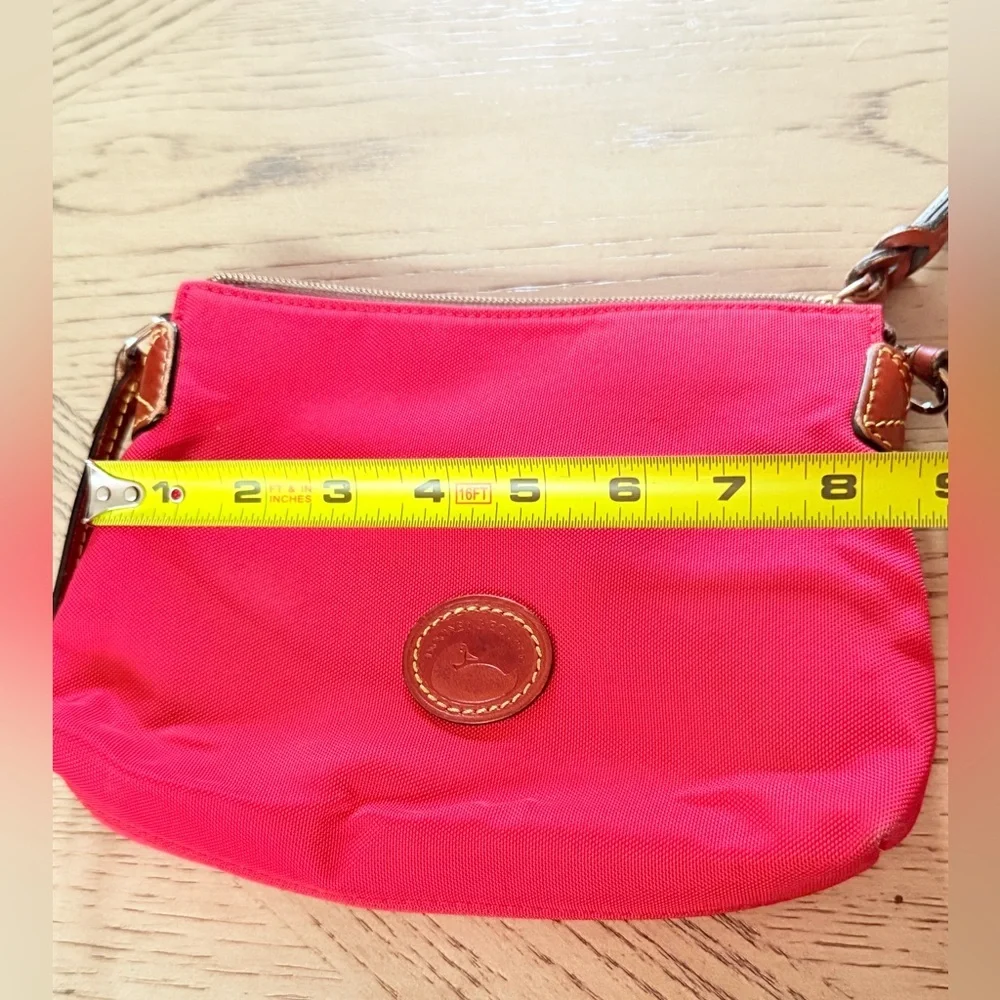 Dooney & Bourke Red Nylon Crossbody Pouchette Shoulder Bag Brown Leather Strap